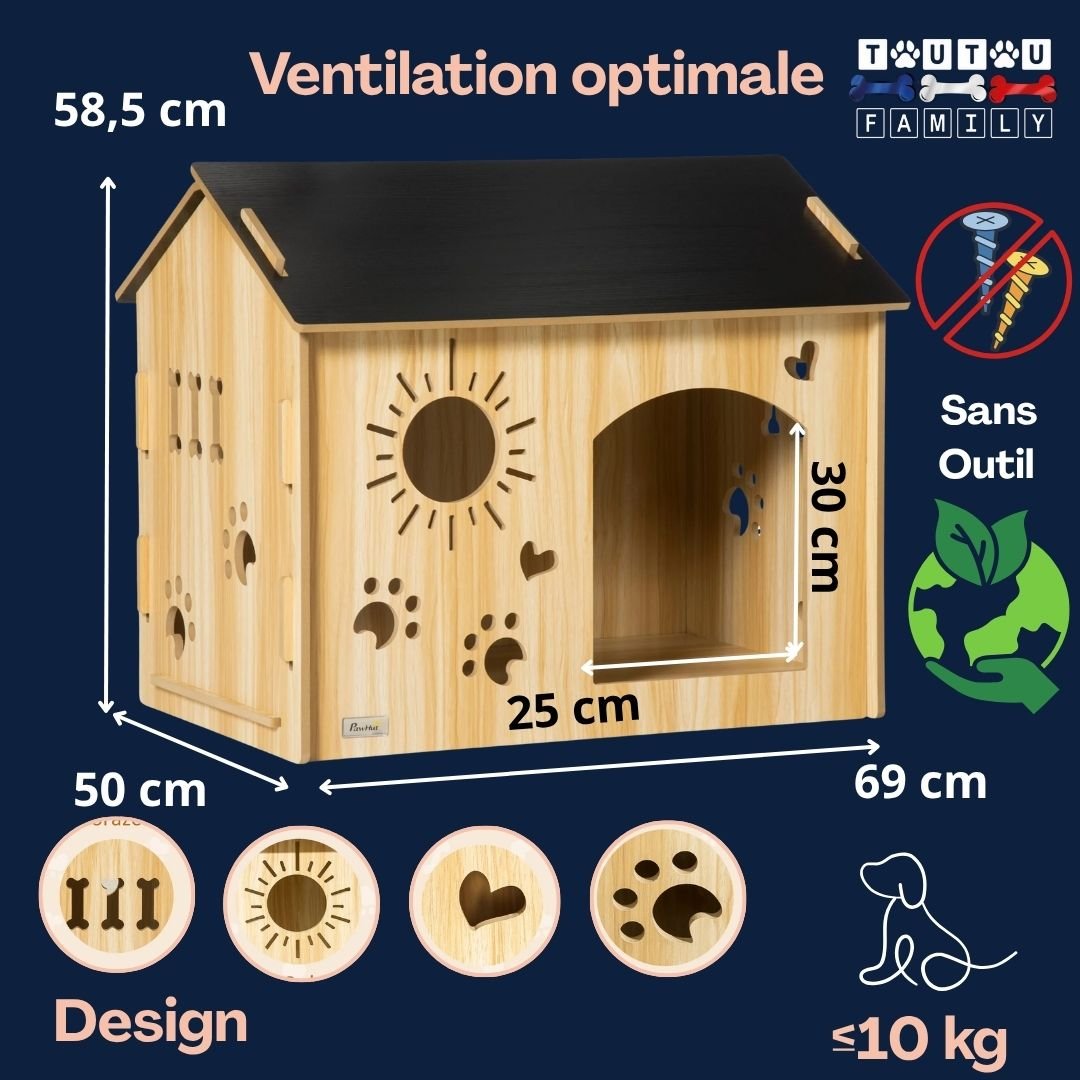 Maison-chien-intérieur-caractéristiques-dimensions-ouverture-design-pour-une-ventilation optimale et grande ouverture à l'avant, écoresponsable, écologique et naturel-pour chiot et petit chien jusqu'à 10 kg