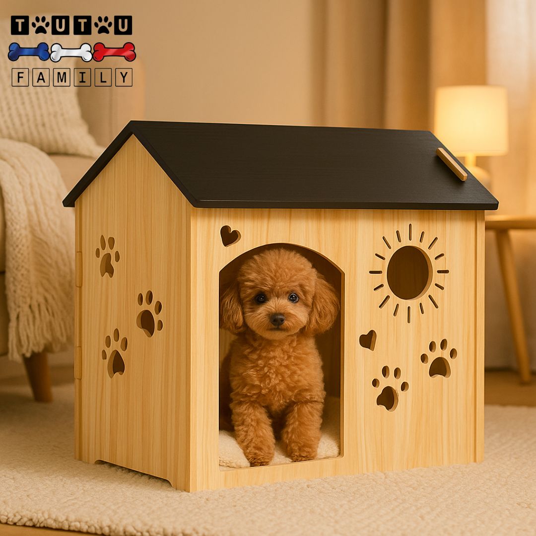 Maison-chien-intérieur-design-un-caniche-nain assis dans sa niche en bois naturel avec un toit noir-design original avec ouverture cœur soleil pattes de chiens