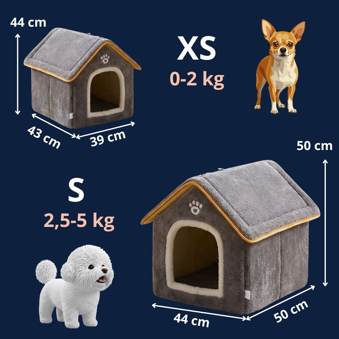 Maison-chien-intérieure-chiot-mini, pliable, légÚre et transportable, avec matériau isolant efficace contre le bruit et du froid, niche antidérapante, lavable en machine avec toit amovible, de couleur grise pour chiot et chien de 0 à 5 kg, disponible en taille XS et S- guide des tailles et dimesnions détaillées en 3D pour chiot et chien de petite taille avec correspondance du poids du chien