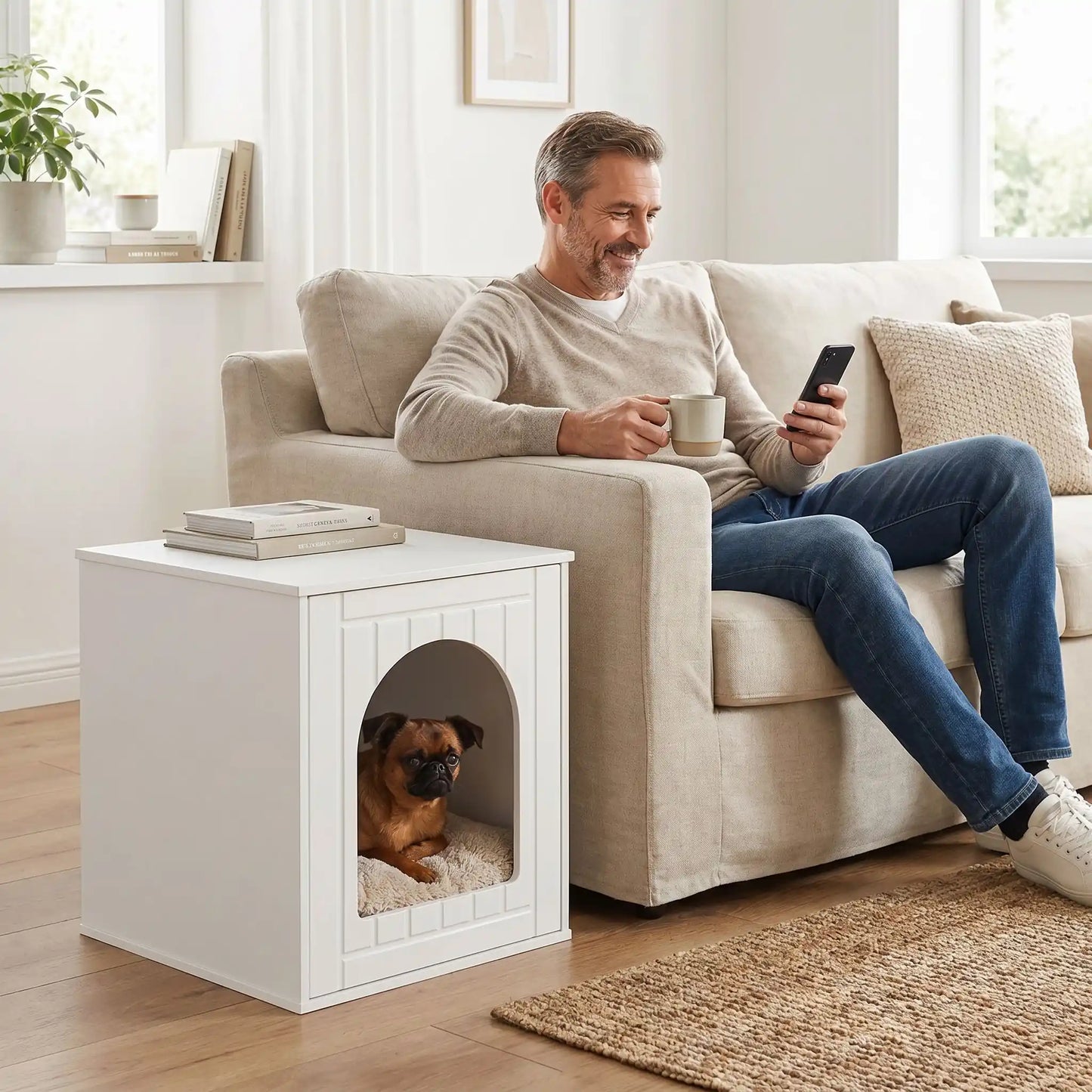 Meuble-niche-chien-chiot-intérieur en bois blanc de forme rectangulaire design moderne comme une cabine avec porte avant qui comporte une ouverture arrondie large pour une entrée et sortie facile, lavable et imperméable, robuste surpporte une charge de 60 kg pour chiot et chien de petite taille, race naine et toy de 0 à 4 kilos maximun-un Petit brabançon qui dort paisiblement au chaud dans son meuble niche design blanc à côté de son maitre qui boit son café en regardant son mobile dans le canapé du salon