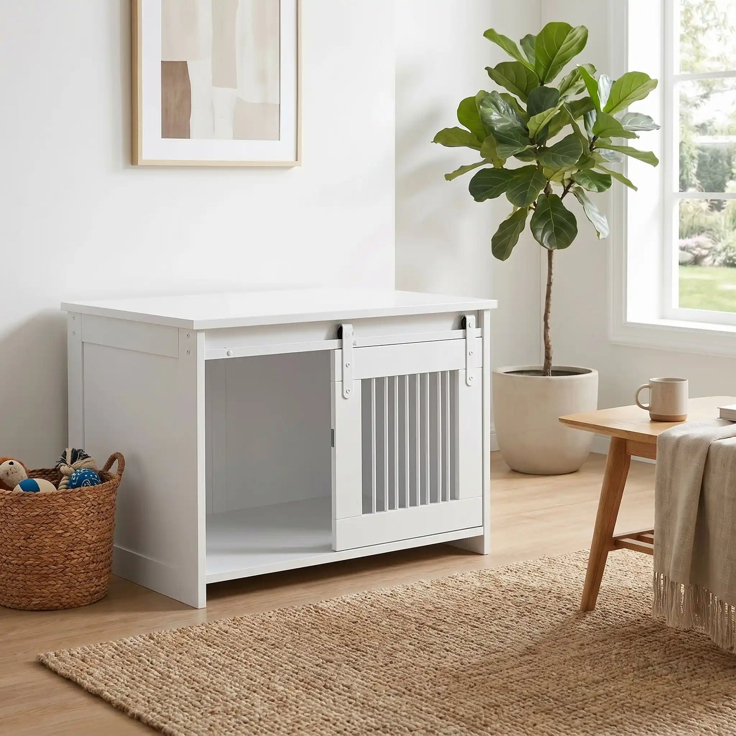Meuble-niche-pour-chien-petit et moyenne taille-cage-80 cm en bois blanc et porte avant coulissante avec roulettes solides et silencieuses en cadre en bois et barreaux blancs en acier robuste, meuble rectangulaire et cage au design moderne, imperméable et robuste pour chiot et chien de 0 à 15 kg-gros plan sur le meuble niche au style épuré scandinave avec sa porte coulissante ouverte et décoration sur le meuble lifestyle qui apporte un touche de charme dans le salon de l'appartement