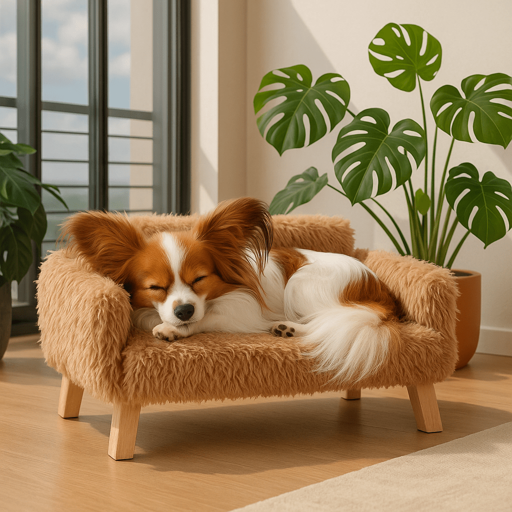 Mini-canapé-pour-chien-design-un épagneul papillon qui dort confortablement en boule sur le canapé en peluche douce déhoussable et lavable en machine et bois naturel solide