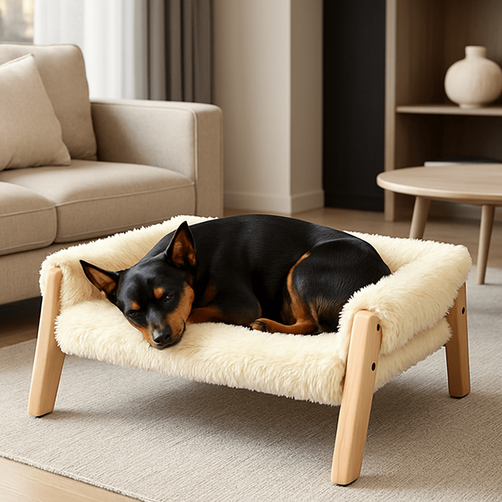 Mini-canapé-pour-chien-solide en bois et peluche douce déhoussable lavable en machine avec accoudoir et dossier design solide dans le salon de l'appartement