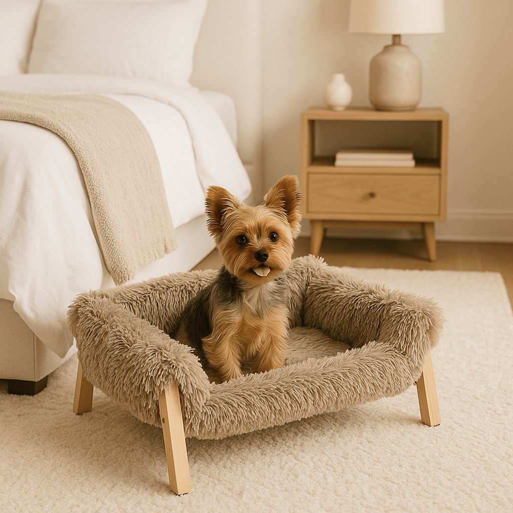 Mini-canapé-pour-petit-chien-et chiot chien de race toy assis sur le canapé en peluche douce de couleur marron déhoussable et lavable en machine et structure en bois dans la chambre de la maison
