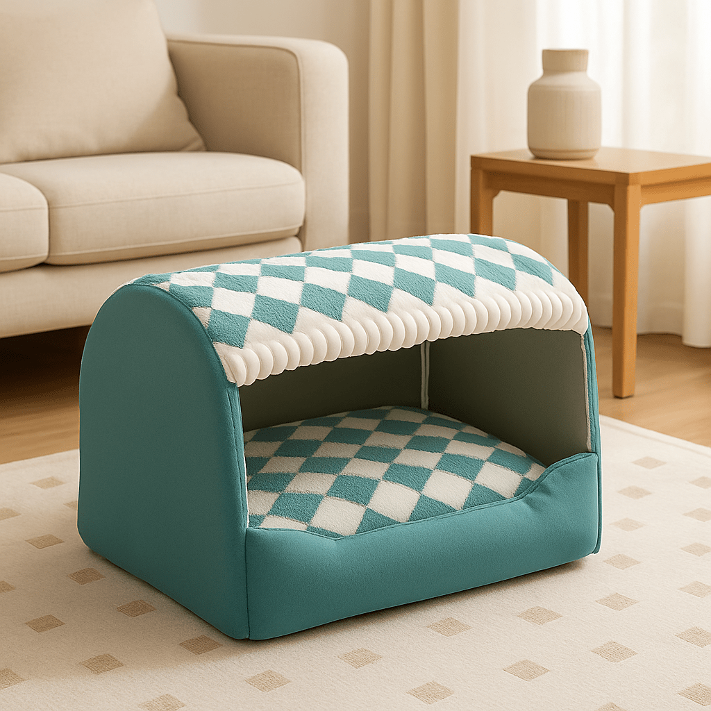 Niche-d-intérieur-pour-chien-avec-toit-grotte rectangulaire-100% coton avec coussin rembourré, épais, amovible et ergonomique pour chien de petite à moyenne taille-lavable en machine-déhoussable-pliable et transportable-fond antidérapant et imperméable solide et durable-turquoise et blanc pour chien de petite à moyenne taille de 0 à 15 kilos