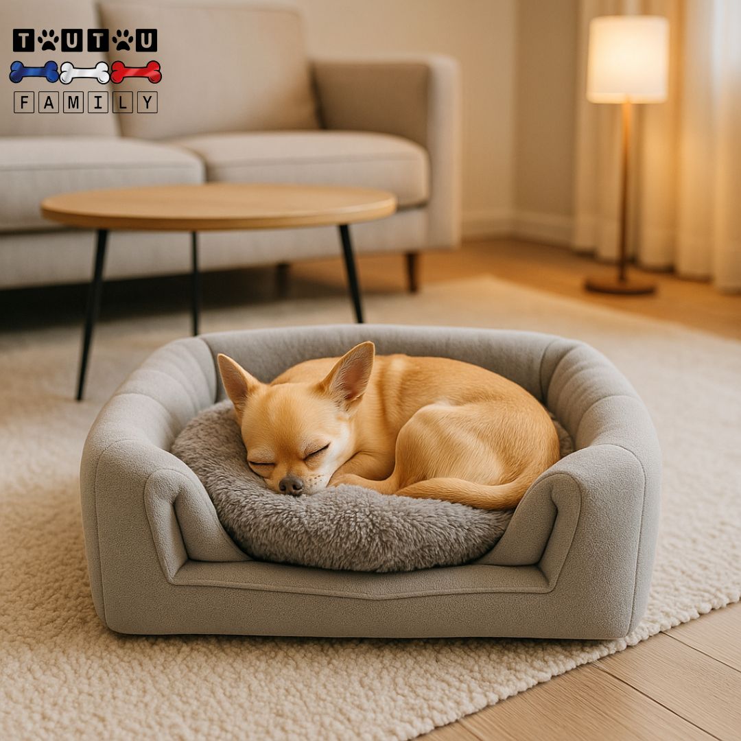 Niche-d-intérieur-pour-chien-lavable-avec coussin-un chihuahua qui dort en boule sur le coussin 100% coton haute densité sur la niche pliable transformée en panier ouvert pour petit chien