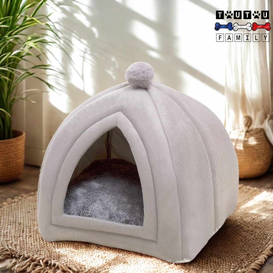 Niche-d-intérieur-pour-chien-petite-taille-grise-pour chien toy-chien-de-race naine-petite-tailles-mini-chien-jusqu'à 3 kg-protège du sol froid-des-courants-d-air-pour-chiens-frileux avec un coussin intérieur lavable et amovible en forme de yourte