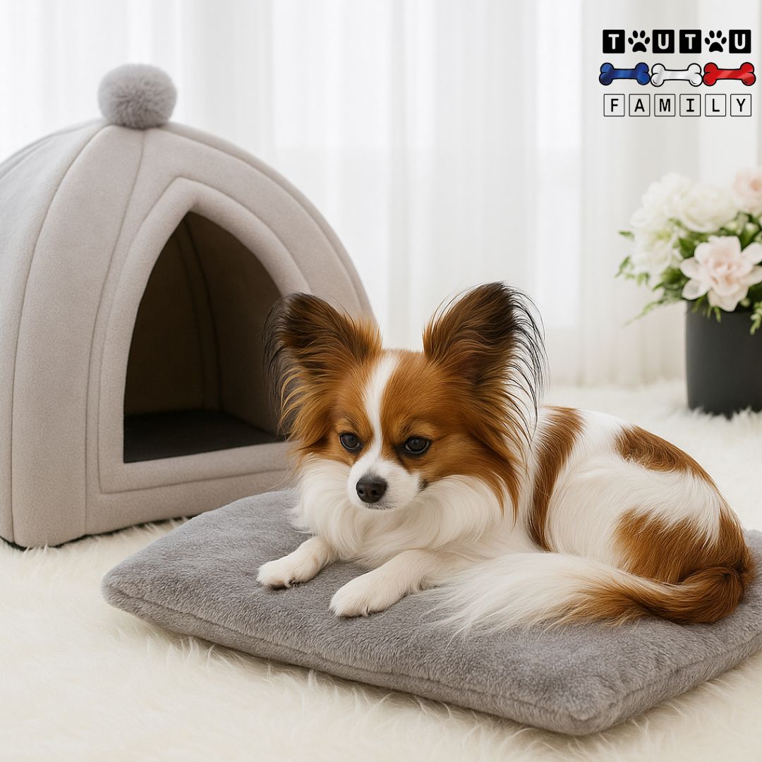 Niche-d-intérieur-pour-chien-race-naine-pour petit chien-un Épagneul nain couché sur le coussin doux et moelleux 100% coton de la niche en forme de yourte en velours doux et résistant lavable pour petit chien de taille naine ou toy