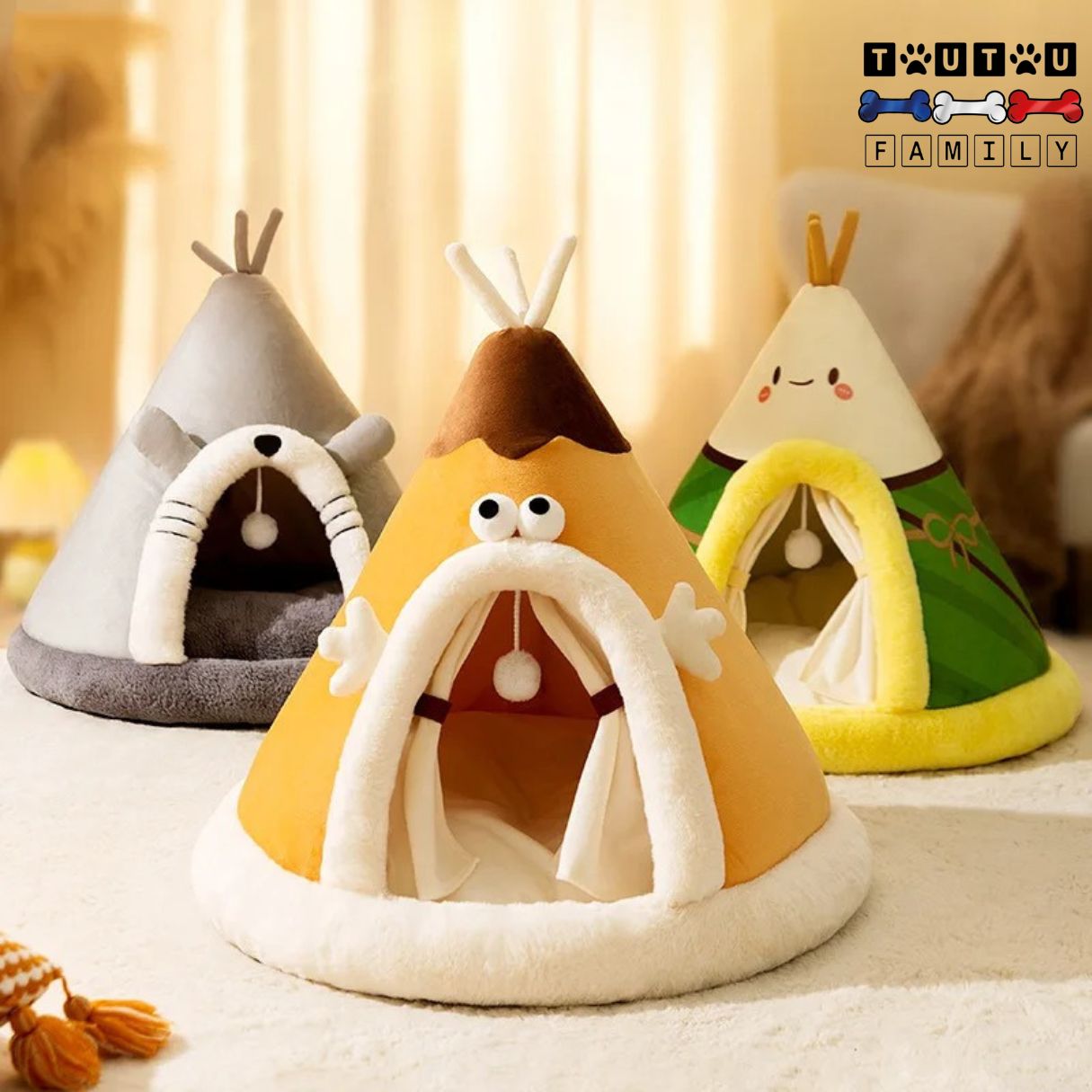 Niche-d-intérieur-pour-petit-chien-lavable-3 coloris disponible et 2 tailles -niche de couleur vert marron et gris avec design mignon et original en forme de tipi