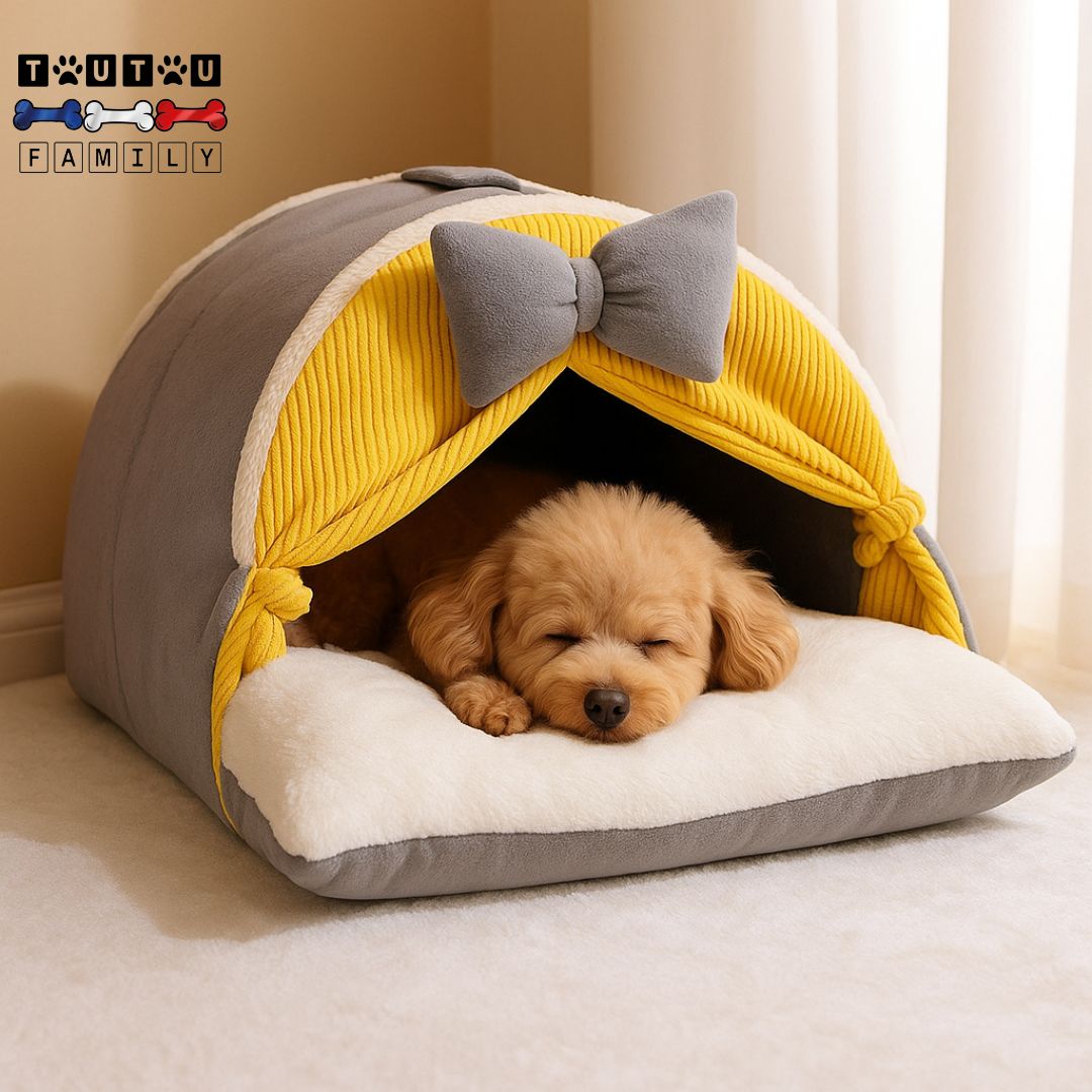 Niche-d-intérieur-pour-petit-chien-maison-un chiot qui dort paisiblement et confortablement dans sa niche avec rideau 100% coton sur l'oreiller intérieur épais et chaud