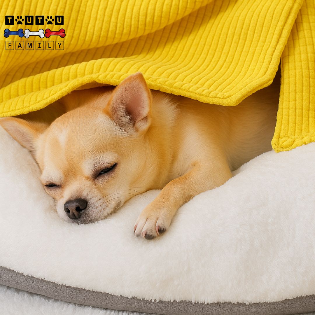 Niche-d-intérieur-pour-petit-chien-tente-coton-un chihuahua qui dort paisiblement et au chaud dans sa petite maison avec rideau sur le coussin 100% coton haute densité réversible avec face été et hiver