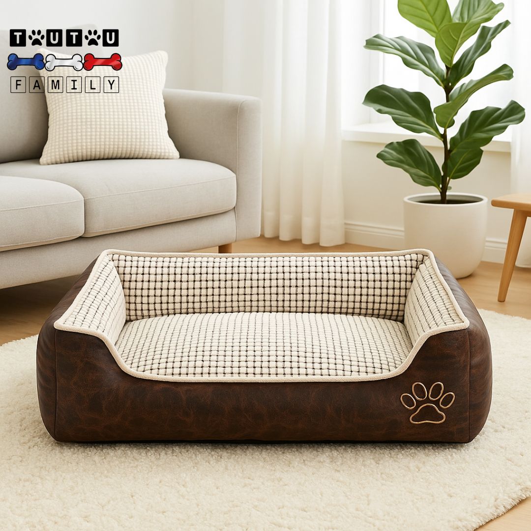 Panier-chien-dehoussable-coton-épais chaud respirant et confortable pour les petits à grand chien de couleur marron et beige avec design mignon patte de chien lavable en machine