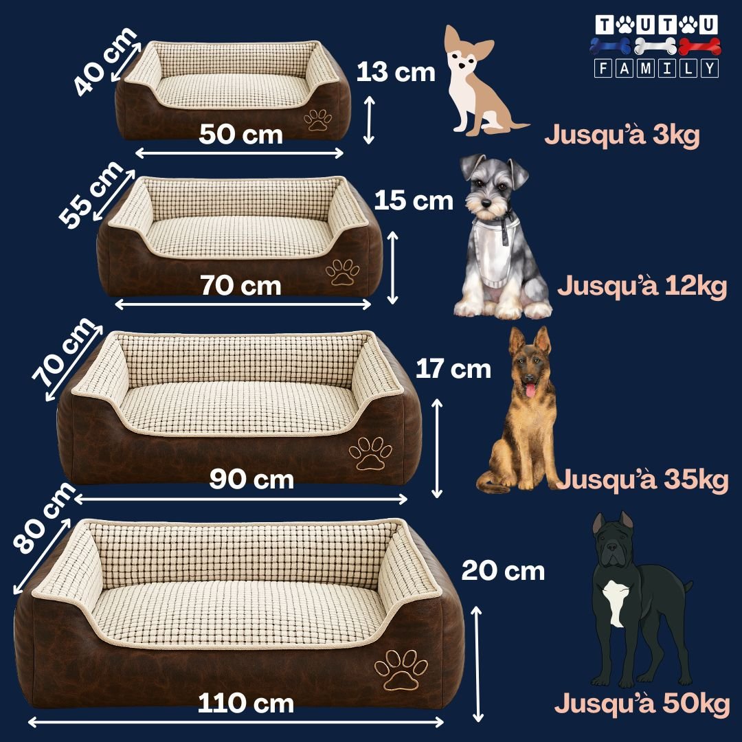 Panier-chien-déhoussable-guide-des-tailles-M-L-XL et XXL dimensions-4-tailles-disponibles-pour les petits chiens aux grands chiens jusqu'à 50kg