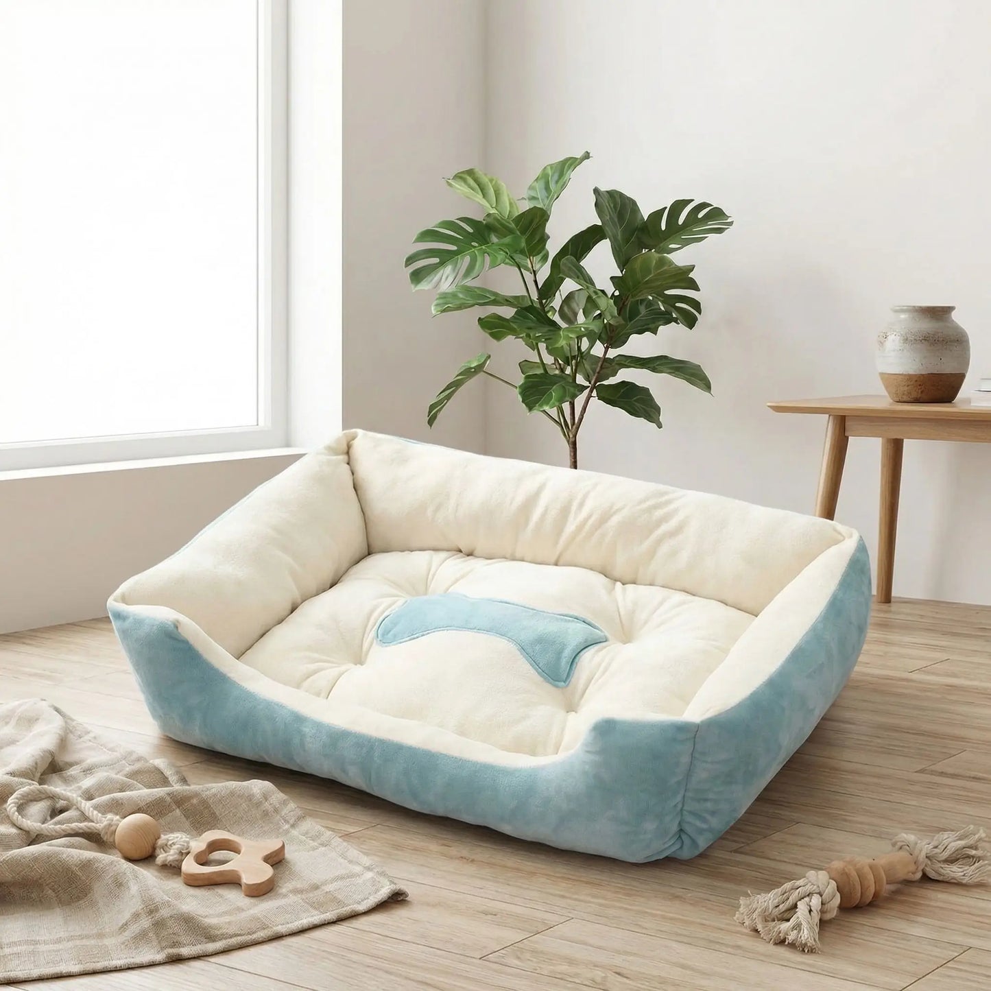 Panier-chien-lavable-chiot-design avec motif os, lavable en machien antidérapant avec rebord, coussin moelleux et ergonomique au rembourrage 100% coton haute densité de forme rectangulaire pour chien de petite à moyenne taille de 0 à 18 kilos max- gros plan que le panier avec design os bleu dessiné à l'interieur de couleur bleu et blanc, disponible en taille S, M et L