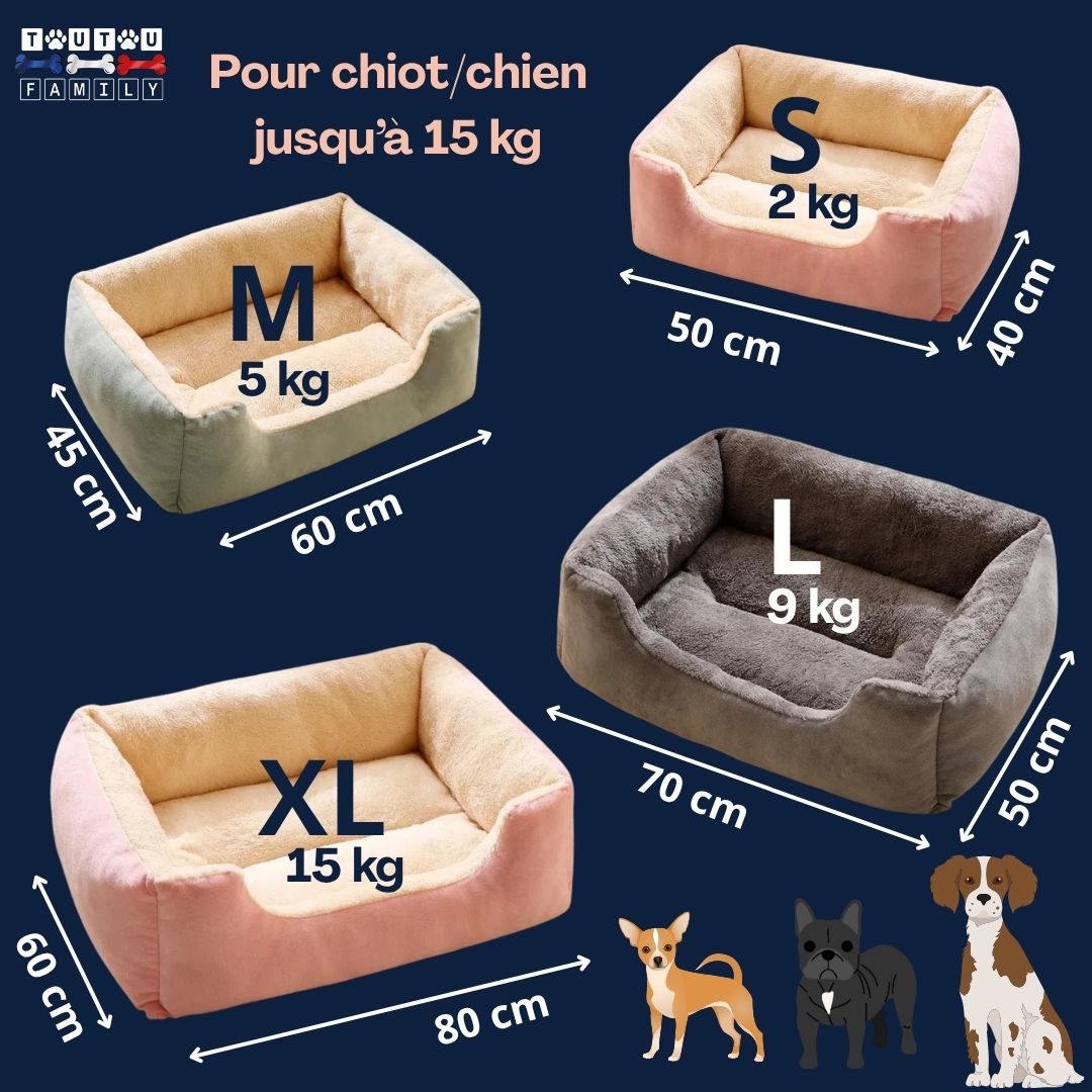 Panier-chien-lavable-guide-des-tailles-4-tailles-disponibles-S-M-L-XL pour chien de petite à moyenne taille jusqu'à 15 kg