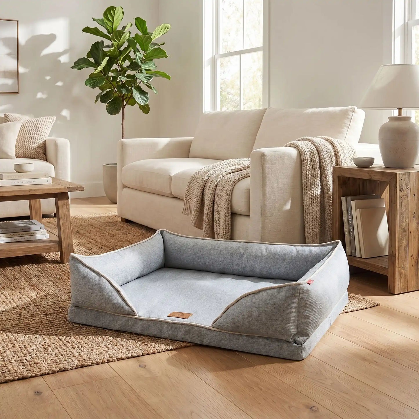 Panier-chien-lavable-chiot-dehoussable-orthopedique, avec matelas à mémoire de forme avec rebords surelevés ergonomique au rembourrage 100% coton haute densité, housse en lin respirant et tissu oxford 100% imperméable et antidérapant, disponible en 4 tailles S, M, L et XL pour petit à grand chien de 0 à 45 kilos-gros plan sur le panier orthopédique restangulaire déhoussable et lavable en lin et coton imperméable de couleur gris et de taille XL dans salon de la maison