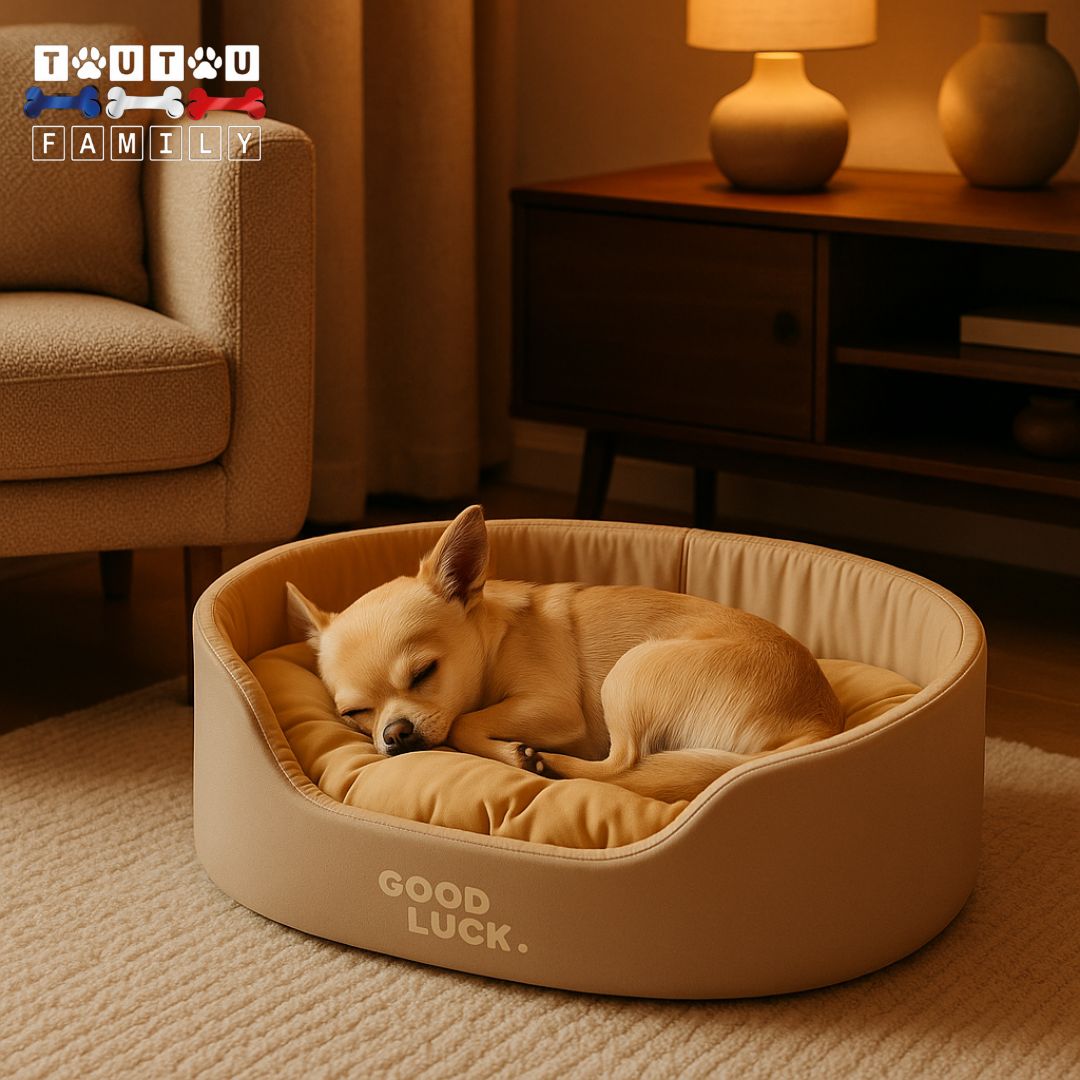 Panier-chien-lavable-pour-petit-a-moyen-chien-un-chihuahua-qui-dort-en-boule-au-chaud-dans-son-panier-avec-coussin-100%-coton-à mémoire-de-forme-et-structure-en-mousse-douce-et-indéformable