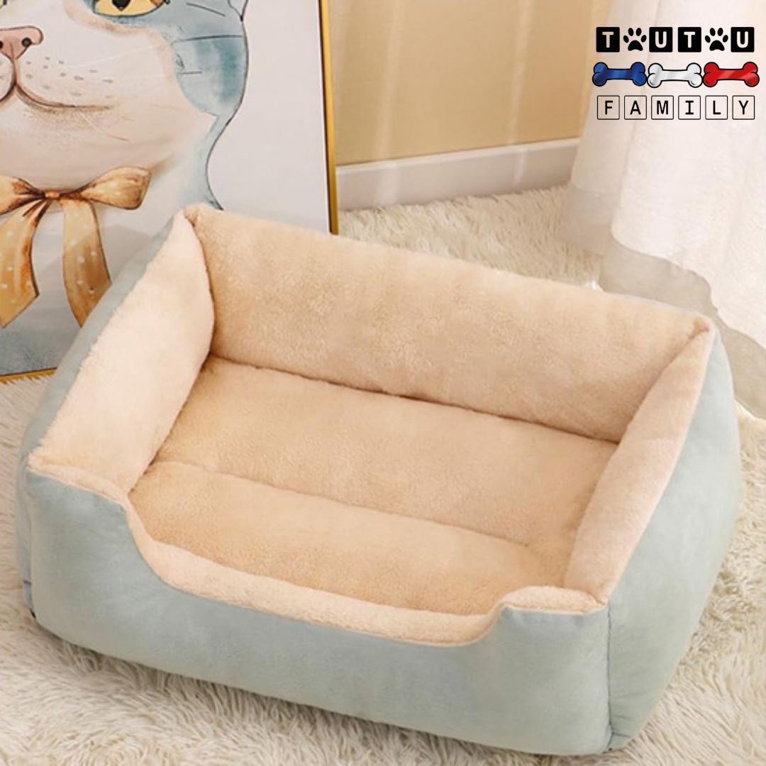 Panier-chien-lavable moelleux chaud confortable rectangulaire antidérapant pour chiens de petite à moyenne taille un panier doux et rebourré de couleur bleu design cosy