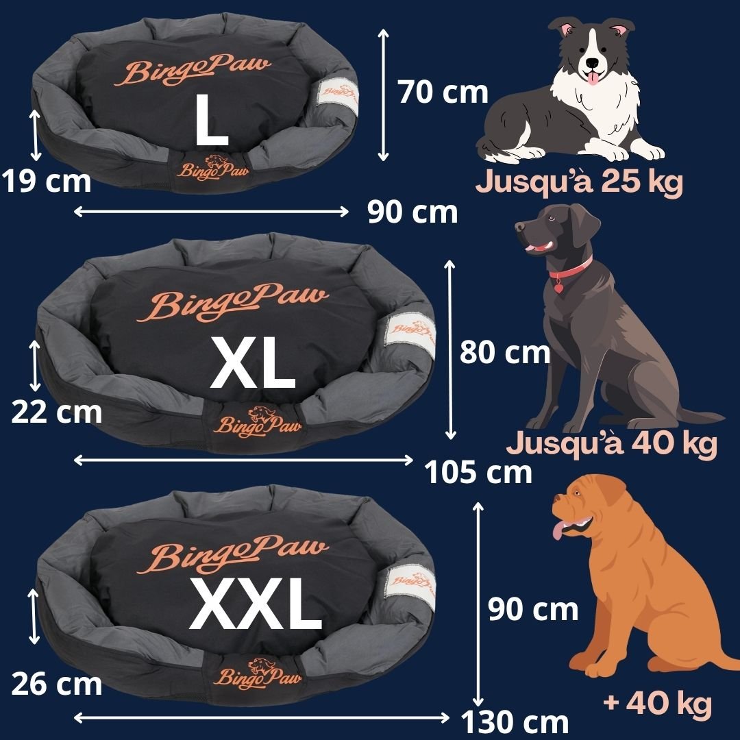 Panier-chien-xxl-guide-de-tailles-3-taille-disponible-pour-grand-chien-L-XL et XXL-dimensions-poids-du-chien-détaillées