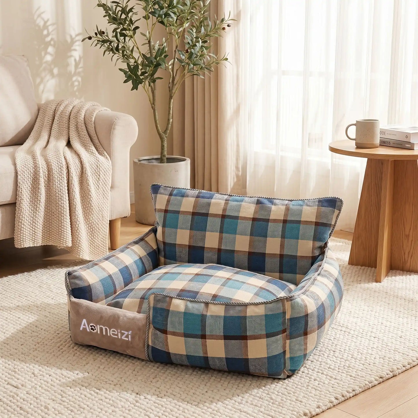 Panier-chiot-déhoussable-4-saisons, lavable en machine, housse en tissu respirant lin et coton, rembourrage 100% coton haute densité épais et ergonomique, coutures solides et résistant aux griffes et morsures, design ectangulaire avec dossier plus haut et épais que les rebords latéraux style canapé moelleux, motif carreaux écossais pour chiot de 0 à 15 kilos-gros plan sur le panier rectangulaire bleu turquoise en forme de canapé/fauteuil rembourré 100% coton PP moelleux et ergonomique 100% déhoussable
