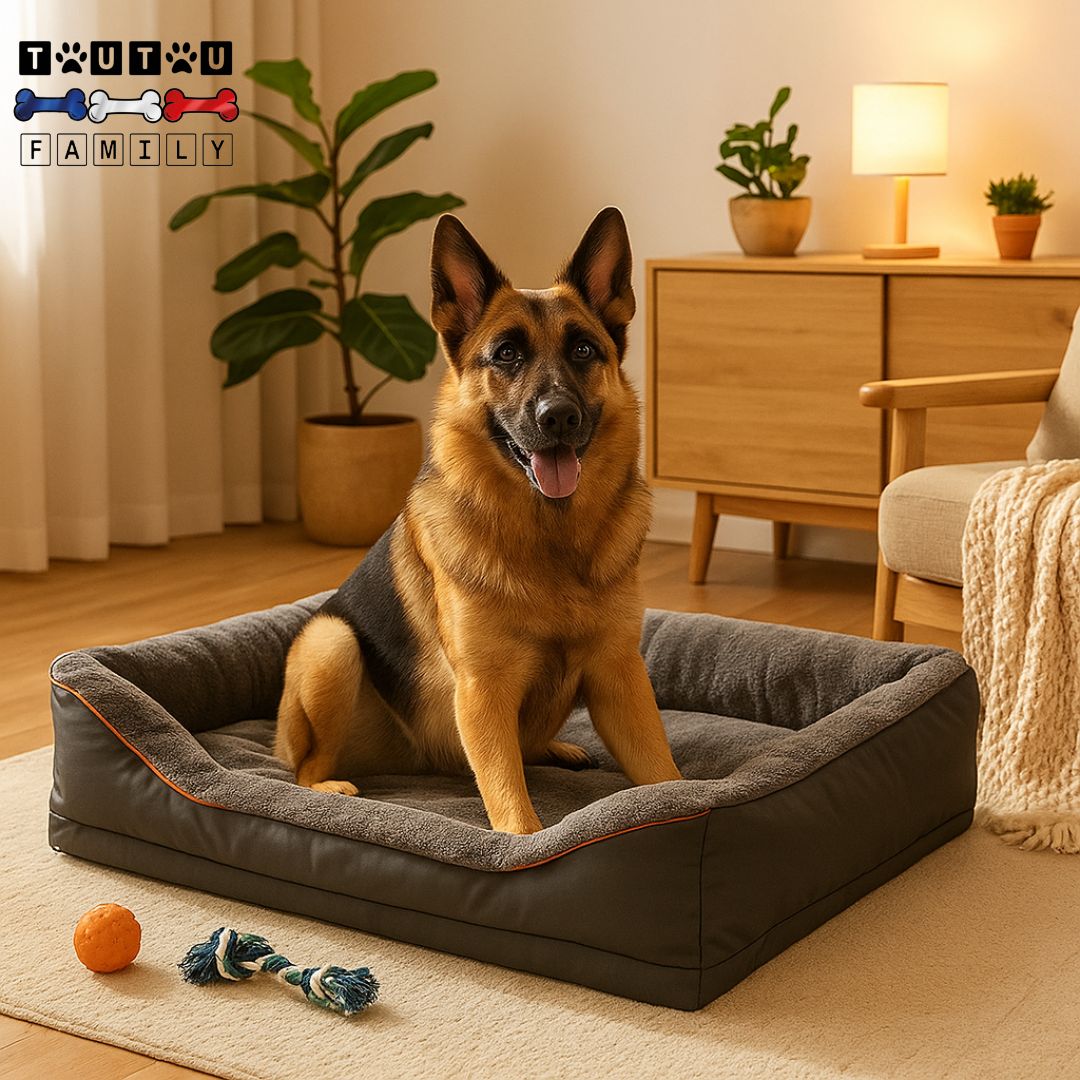 Panier-grand-chien-lavable-un-berger-allemand-assis-et-heureux-dans-son panier xl-en-peluche douce-résistante-et-imperméable-antidérapant avec matelas-orthopédique-avec-coussin-100%-coton-haute-densité