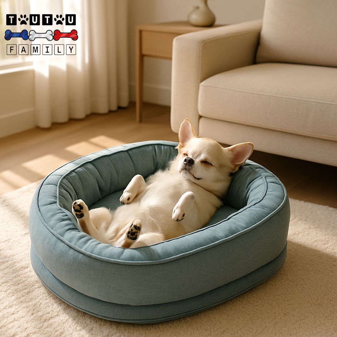 Panier-orthopédique-chien-coussin-un petit chien couché sur le dos et les pattes en l'air qui dort confortablement dans son panier orthopédique bleu, déhoussable-lavable-100% imperméable-antidérapant-100% coton-respirant-pour-toute-saison