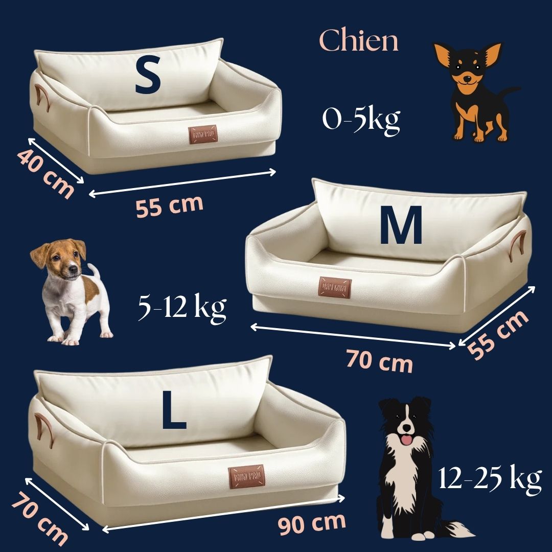 Panier-orthopédique-chien-imperméable-anti-acarien-anti-bactéries-hypoallergénique-hygiénique-lavable-résistant aux griffes et morsures légère-antidérapant-design luxueux-en latex 100% naturel 5800D-ergonomique et durable-avec rebords surélevés-dossier haut comme un canapé-poignée de transport-pour chien de petite à moyenne taille-dimensions détaillées-avec correspondance de poids du chien-3 tailles S, M et L pour chien de 0 à 25 kg
