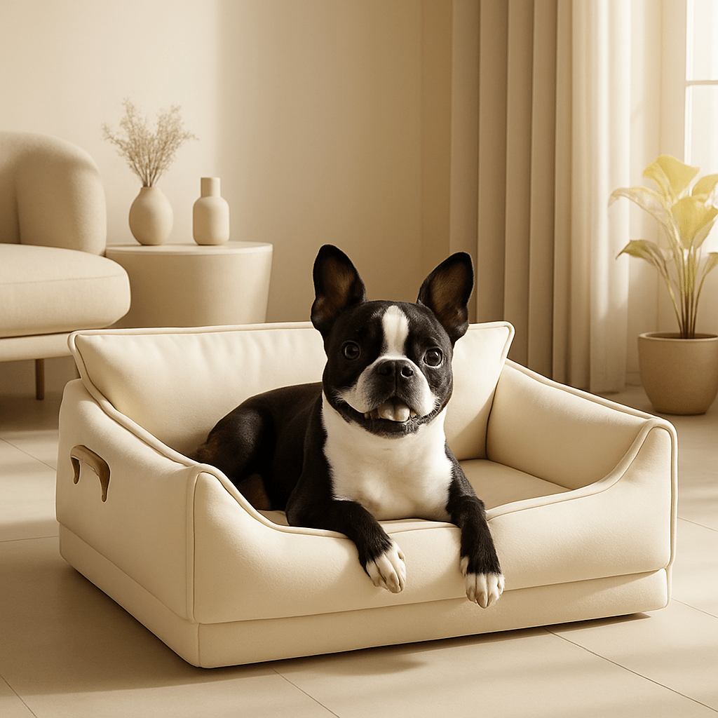 Panier-orthopédique-chien-imperméable-anti-acarien-anti-bactéries-hypoallergénique-hygiénique-lavable-résistant aux griffes et morsures légère-antidérapant-design luxueux-en latex 100% naturel-ergonomique et durable-avec rebords surélevés-dossier haut comme un canapé-poignée de transport-pour chien de petite à moyenne taille-un chien moyen assis confortablement dans son panier haut de gamme respirant de couleur crème dans le salon moderne de l'appartement