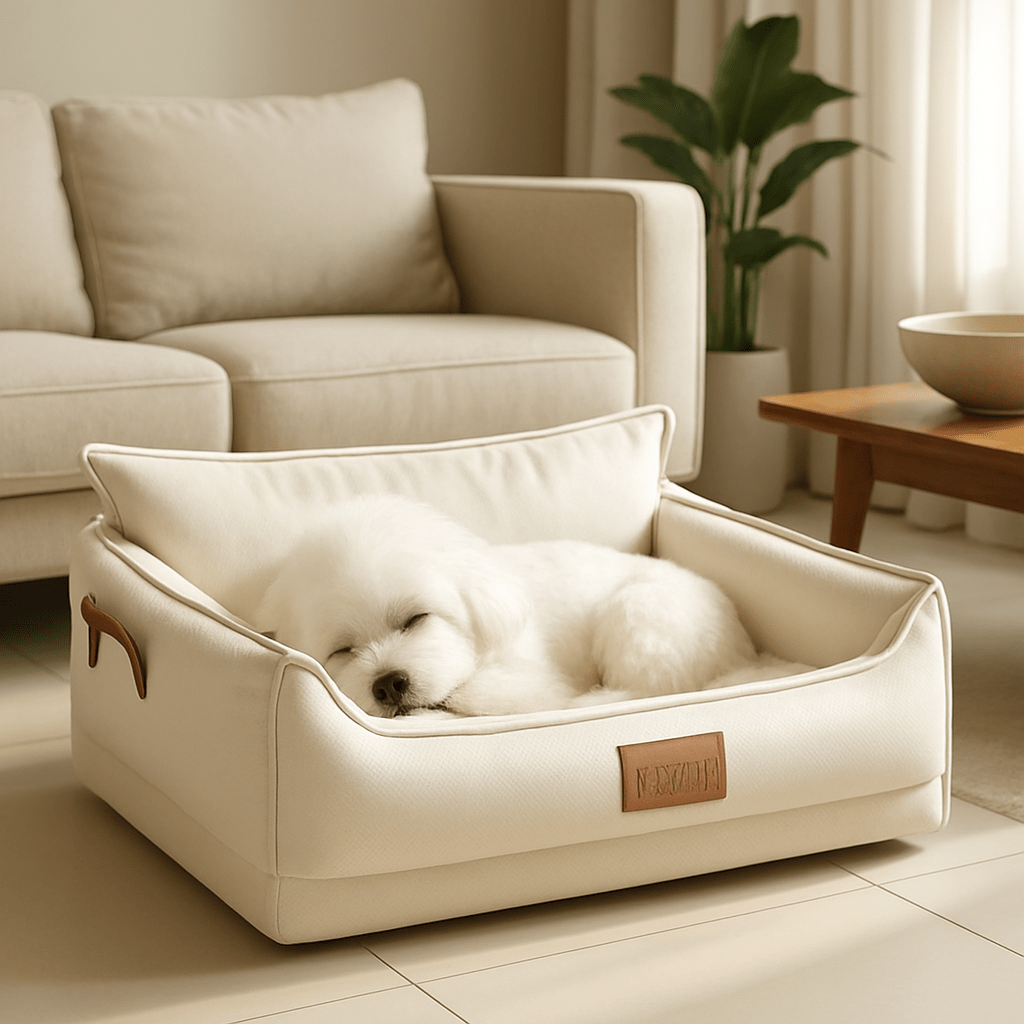Panier-orthopédique-chien-imperméable-anti-acarien-anti-bactéries-hypoallergénique-hygiénique-lavable-résistant aux griffes et morsures légère-antidérapant-design luxueux-en latex 100% naturel-ergonomique et durable-avec rebords surélevés-dossier haut comme un canapé-poignée de transport-pour chien de petite à moyenne taille-un petit chien blanc qui dort paisiblement dans son panier haut de gamme respirant de couleur crème dans le salon de l'appartement