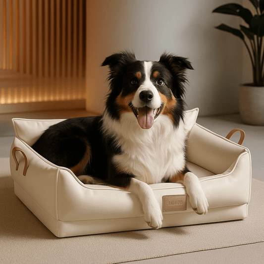 Panier-orthopédique-chien-imperméable-anti-acarien-anti-bactéries-hypoallergénique-hygiénique-lavable-résistant aux griffes et morsures légère-antidérapant-design luxueux-en latex 100% naturel-ergonomique et durable-avec rebords surélevés-dossier haut comme un canapé-poignée de transport-pour chien de petite à moyenne taille-un Border Collie assis confortablement dans son panier haut de gamme respirant de couleur crème dans le salon moderne de la maison