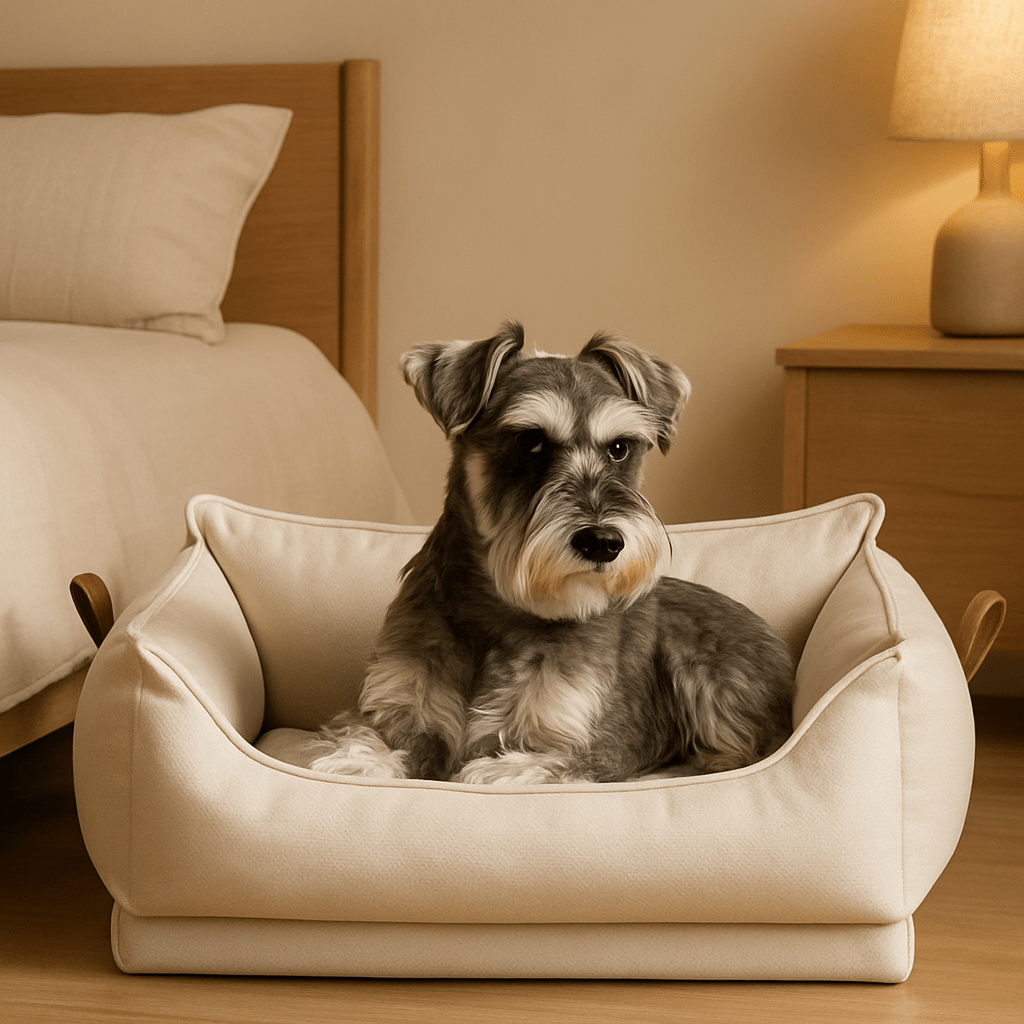 Panier-orthopédique-chien-imperméable-anti-acarien-anti-bactéries-hypoallergénique-hygiénique-lavable-résistant aux griffes et morsures légère-antidérapant-design luxueux-en latex 100% naturel-ergonomique et durable-avec rebords surélevés-dossier haut comme un canapé-poignée de transport-pour chien de petite à moyenne taille-un chien moyen à longs drus assis confortablement dans son panier haut de gamme respirant de couleur crème dans la chambre moderne de la maison