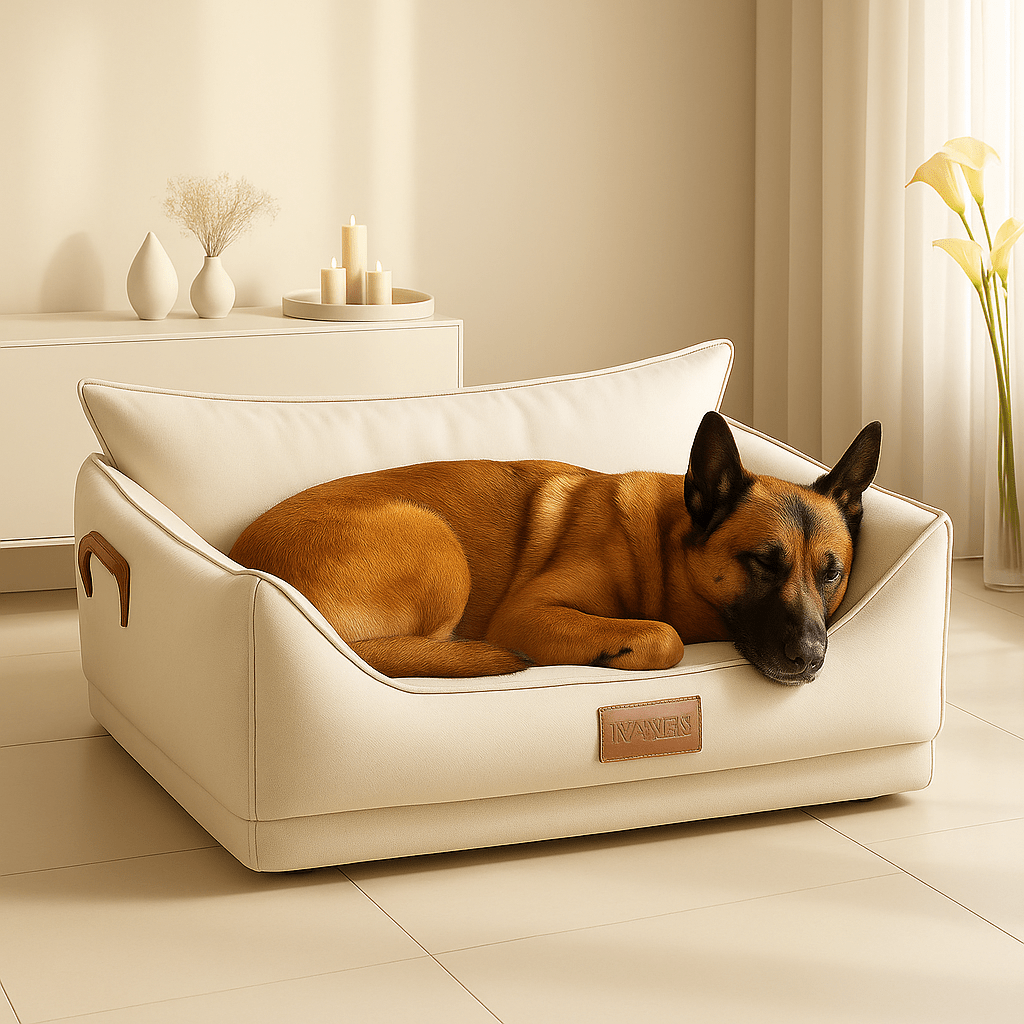 Panier-orthopédique-chien-imperméable-anti-acarien-anti-bactéries-hypoallergénique-hygiénique-lavable-résistant aux griffes et morsures légère-antidérapant-design luxueux-en latex 100% naturel-ergonomique et durable-avec rebords surélevés-dossier haut comme un canapé-poignée de transport-pour chien de petite à moyenne taille-un chien moyen qui dort paisiblement dans son panier haut de gamme respirant de couleur crème dans la chambre design de l'appartement