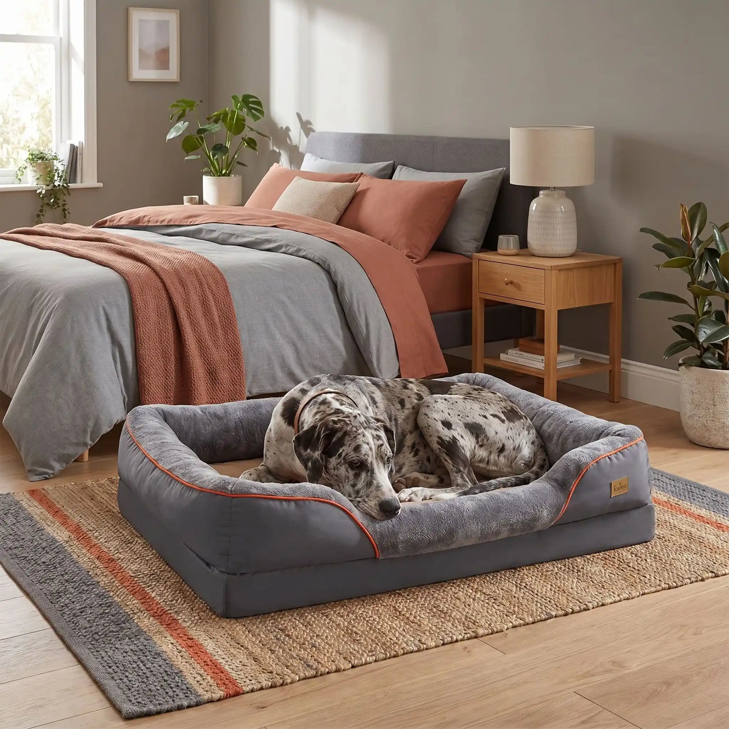 Panier-orthopédique-chien-chiot grande taille xxl, déhoussable et lavable, imperméable et antidérapant avec haut rebord rembourré avec matelas à mémoire de forme, housse en peluche douce et tissu réistant et imperméable, en 3 tailles L, XL et XXL pour chiot et chien de 0 à 70 kilos maximum-un Dogue allemand qui dort paisiblement dans le panier xxl épais, entourant à 360° sécurisant de couleur gris foncé dans le salon de l'appartement