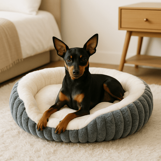 Panier-petit-chien-apaisant-antidérapant-lavable en machine-épais au rembourrage 100% coton haute densité-tissu extérieur en velours résistant aux griffes-ergonomique avec rebords surélevés-anti-anxiété et anti- stress-entourant-sécurisant pour chien de petite taille et chiot-un chien nain couché confortablement dans son panier ovale gris douillet dans le salon de l'appartement