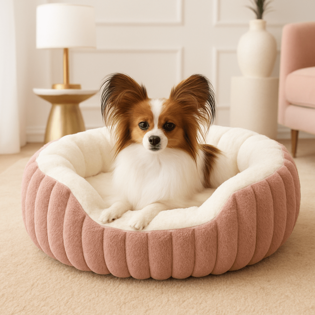 Panier-petit-chien-apaisant-antidérapant-lavable en machine-épais au rembourrage 100% coton haute densité-tissu extérieur en velours résistant aux griffes-ergonomique avec rebords surélevés-anti-anxiété et anti- stress-entourant-sécurisant pour chien de petite taille et chiot-un chien de petite taille couché confortablement dans son panier douillet ovale rose dans le salon de l'appartement