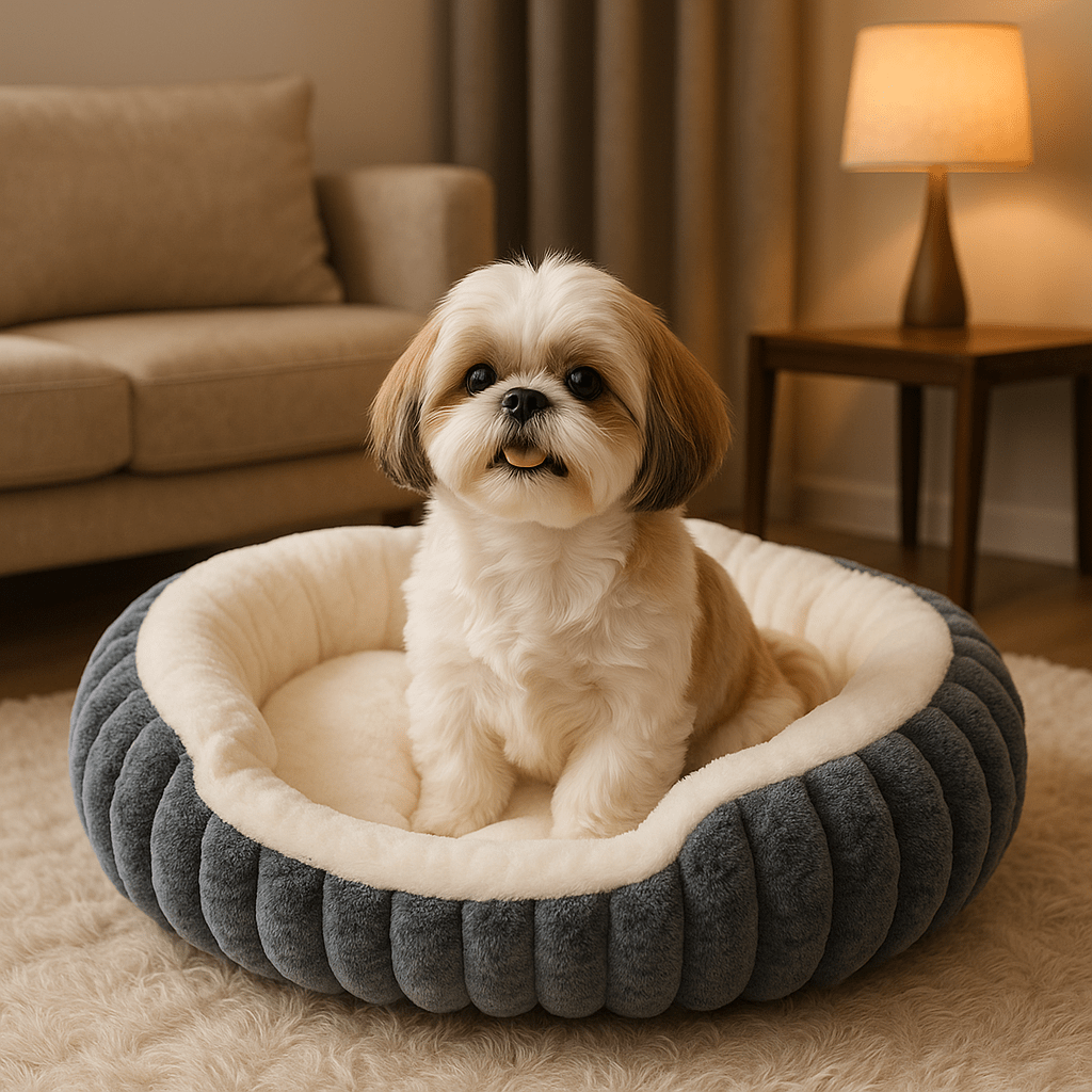 Panier-petit-chien-apaisant-antidérapant-lavable en machine-épais au rembourrage 100% coton haute densité-tissu extérieur en velours résistant aux griffes-ergonomique avec rebords surélevés-anti-anxiété et anti- stress-entourant-sécurisant pour chien de petite taille et chiot-un petit chien assis confortablement dans son panier douillet ovale gris dans le salon de l'appartement