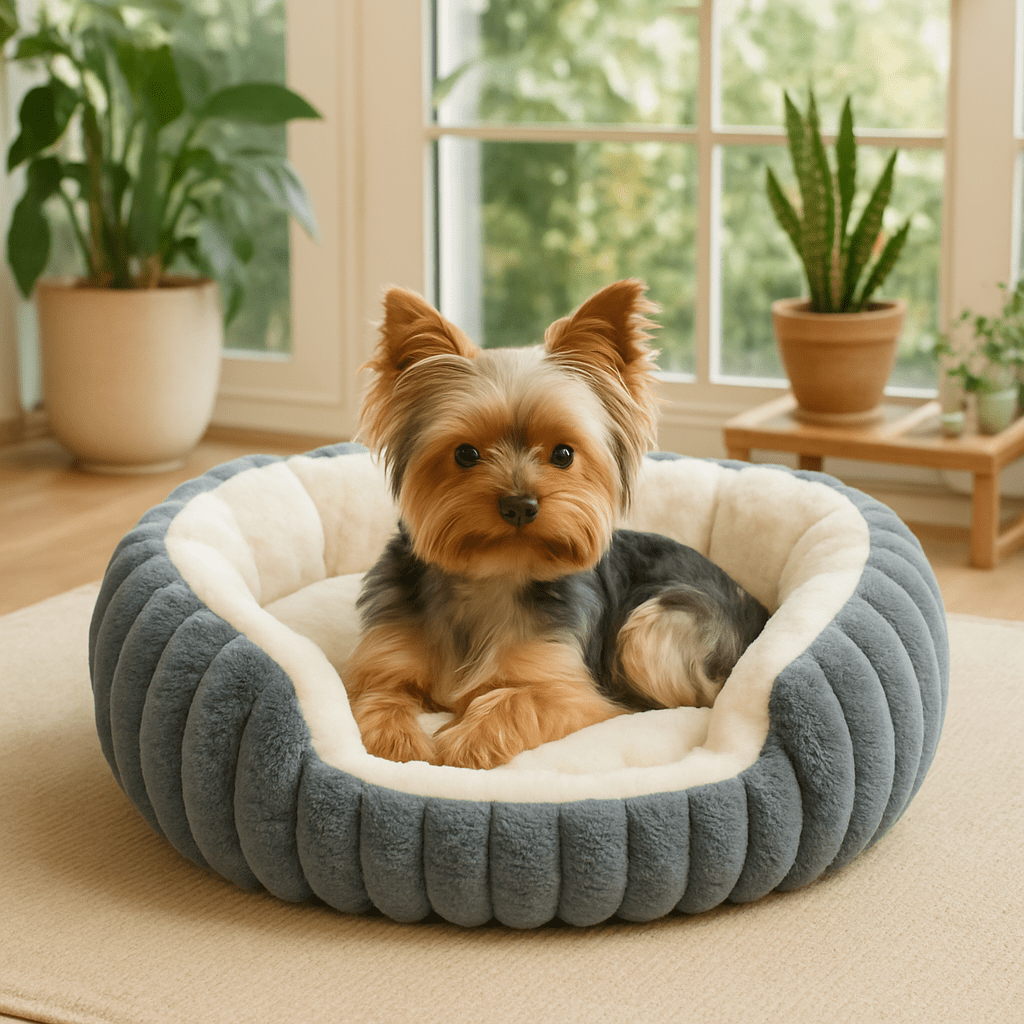 Panier-petit-chien-apaisant-antidérapant-lavable en machine-épais au rembourrage 100% coton haute densité-tissu extérieur en velours résistant aux griffes-ergonomique avec rebords surélevés-anti-anxiété et anti- stress-entourant-sécurisant pour chien de petite taille et chiot-un chien de petite taille couché confortablement en boule dans son panier douillet ovale gris dans la véranda de la maison