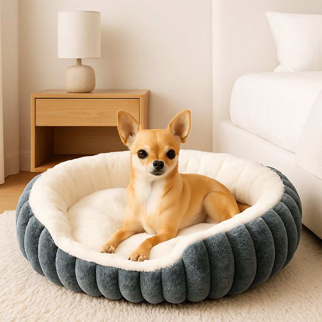 Panier-petit-chien-apaisant-antidérapant-lavable en machine-épais au rembourrage 100% coton haute densité-tissu extérieur en velours résistant aux griffes-ergonomique avec rebords surélevés-anti-anxiété et anti- stress-entourant-sécurisant pour chien de petite taille et chiot-un chien de race naine couché confortablement dans son panier douillet ovale gris dans la chambre de la maison