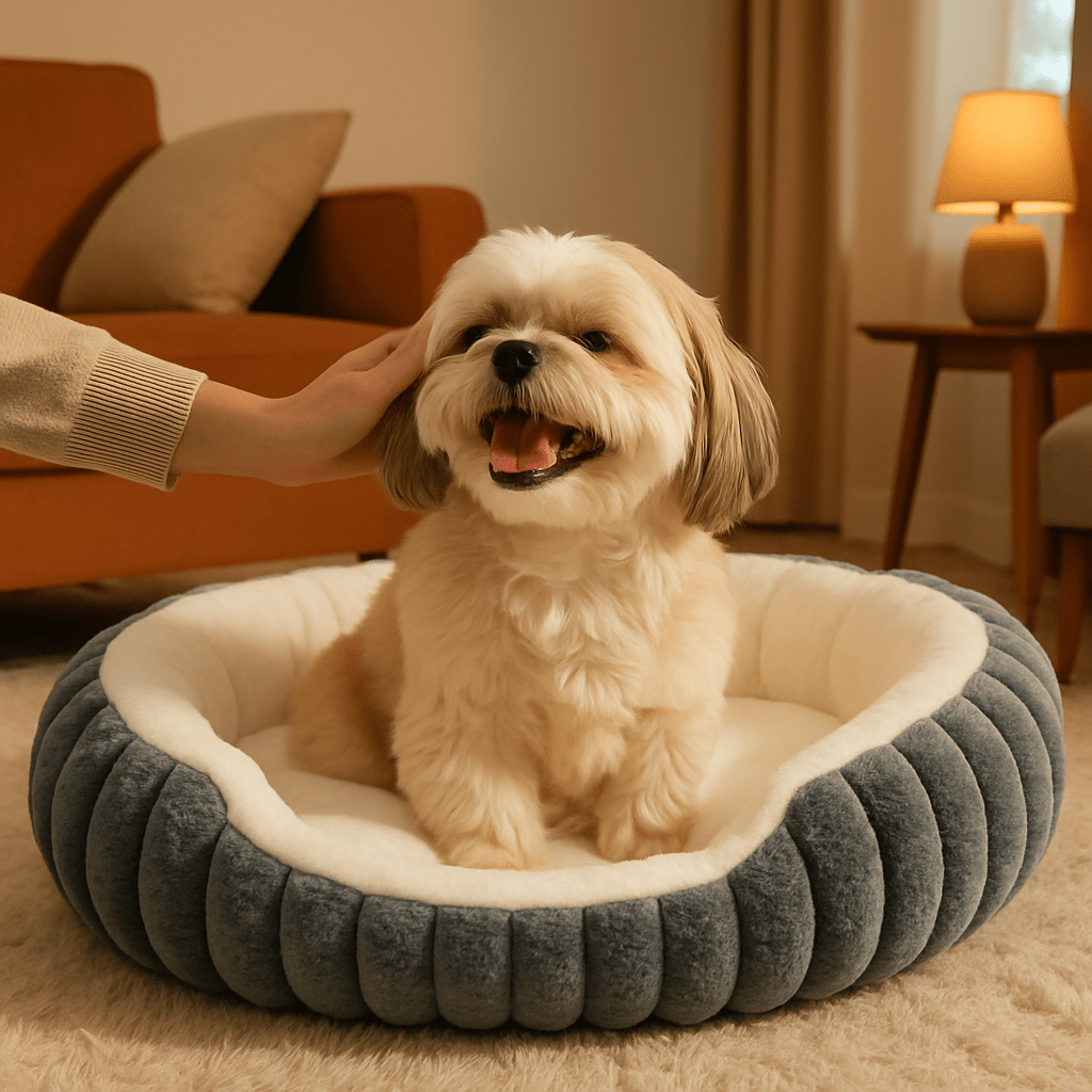 Panier-petit-chien-apaisant-antidérapant-lavable en machine-épais au rembourrage 100% coton haute densité-tissu extérieur en velours résistant aux griffes-ergonomique avec rebords surélevés-anti-anxiété et anti- stress-entourant-sécurisant pour chien de petite taille et chiot-un petit chien couché confortablement dans son panier douillet ovale gris, caressé tendrement par sa maitresse dans le salon de la maison