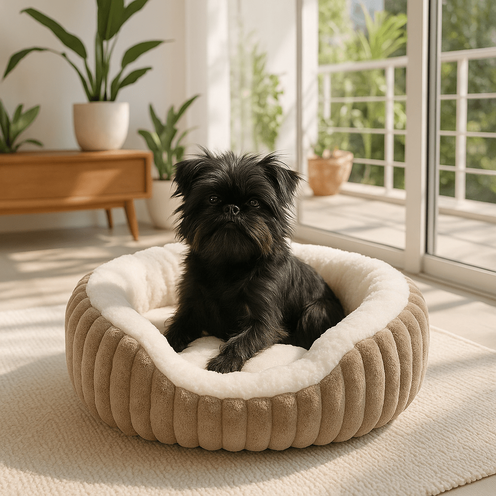 Panier-petit-chien-apaisant-antidérapant-lavable en machine-épais au rembourrage 100% coton haute densité-tissu extérieur en velours résistant aux griffes-ergonomique avec rebords surélevés-anti-anxiété et anti- stress-entourant-sécurisant pour chien de petite taille et chiot-un chien de petite taille couché confortablement en boule dans son panier douillet ovale rose dans le salon de l'appartement