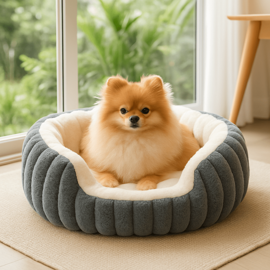 Panier-petit-chien-apaisant-antidérapant-lavable en machine-épais au rembourrage 100% coton haute densité-tissu extérieur en velours résistant aux griffes-ergonomique avec rebords surélevés-anti-anxiété et anti- stress-entourant-sécurisant pour chien de petite taille et chiot-un petit chien à poils long couché confortablement en boule dans son panier douillet ovale gris dans le salon de l'appartement