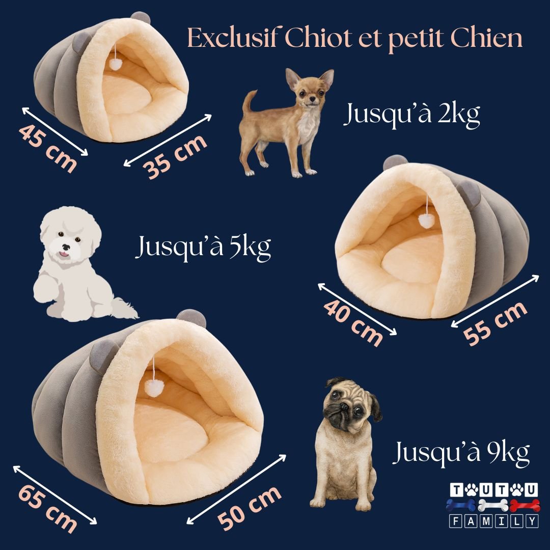 Panier-petit-chien-guide-des-tailles-niche-3-tailles-disponibles-S-M-L pour-les petits chiens de 2kg Ă 9kgs