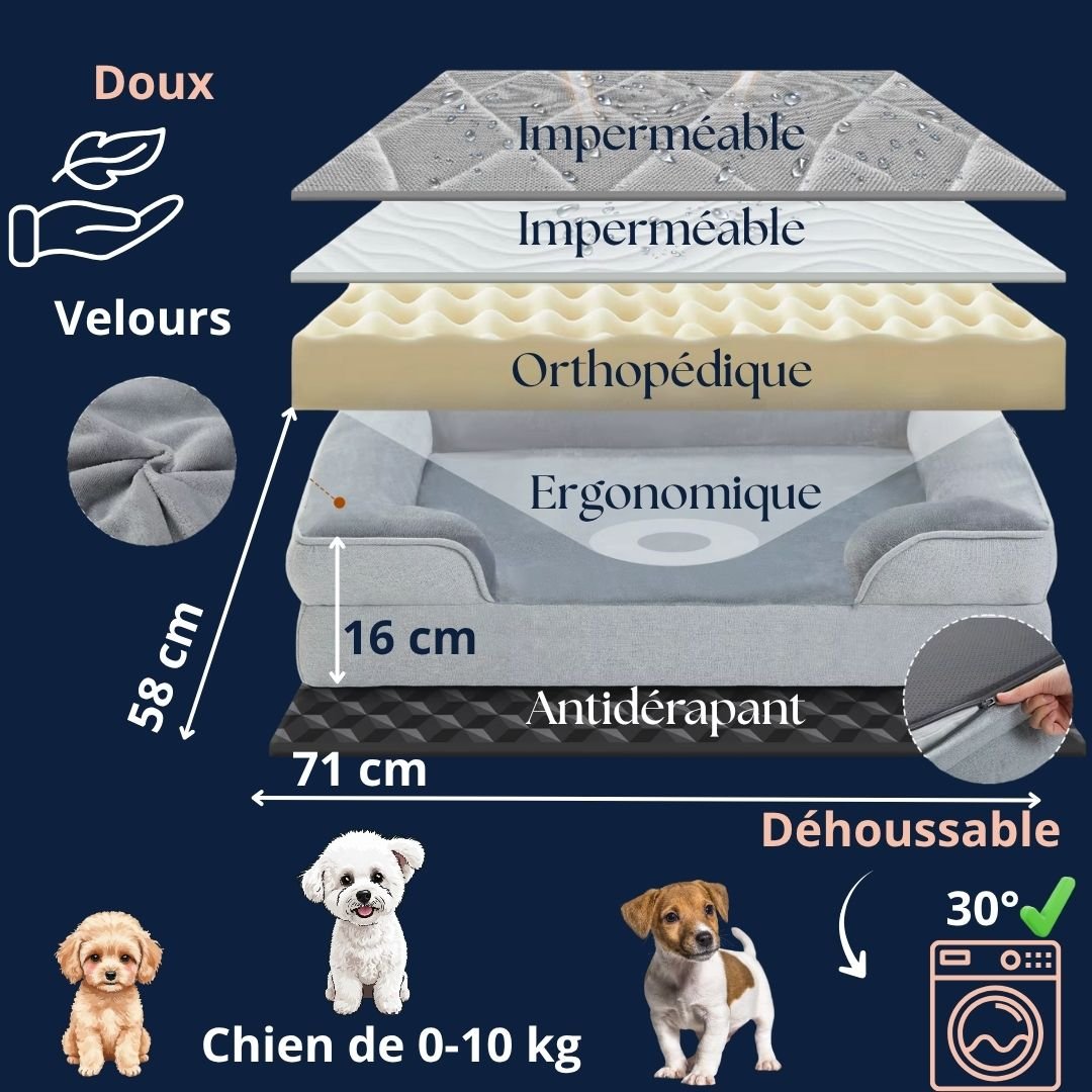 Panier-petit-chien-chiot-orthopédique-déhoussable-lavable en machine-résistant aux griffes-en velours avec matelas à mémoire de forme et traversin ergonomique intégré en coton PP et avant abaissé pour une entrée facile-pour petit chien et chiot de 0 à 10 kg max-caractéristiques et dimensions détaillées