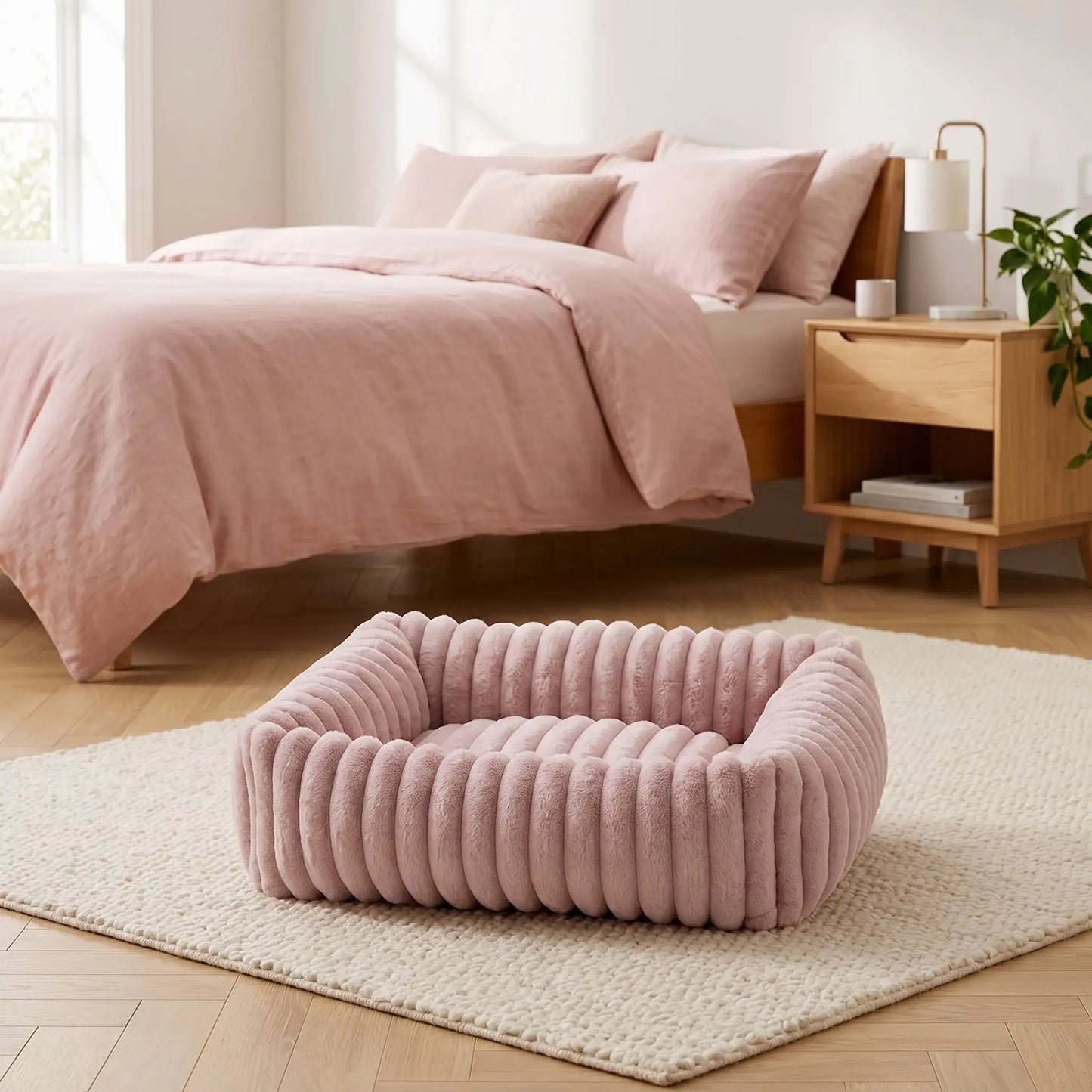 Panier-petit-chien-chiot-velours-confortable rectangulaire en velours ultra doux et résistant avec rebord 360° surélevé pour un effet cocon apaisant et rassurant anti-stress pour chien de petite taille de 0 à 9 kilos max, lavable en machine,épais rembourrage 100% Coton haute densité, fond imperméable et antidérapant-gros plan sur le panier pour petit chien et chiot rectangulaire douillet et rembourrage généreux 100% coton haute résilience de couleur rose sur le sol de la chambre de l'appartement