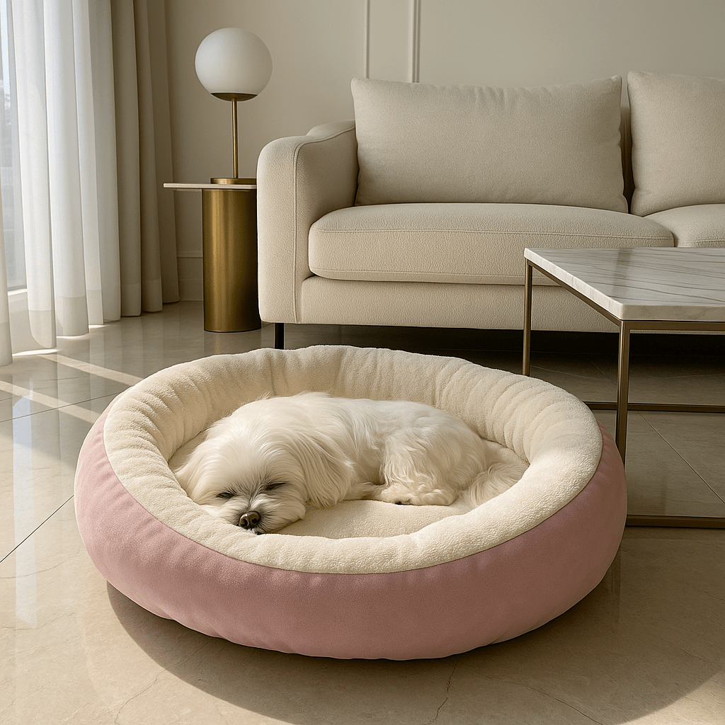 Panier-pour-chien-lavable en machine-anti-stress-rembourrage 100% coton haute densité-avec rebord entourant-antidérapant-douillet chaud et sécurisant pour petit à chien de moyenne taille-moelleux-chaud-en-peluche-résistant aux griffes-un petit chien qui dort paisiblement sur le ventre contre l'arrondi rembourré en coton dans son lit ovale de couleur rose dans le salon de l'appartement