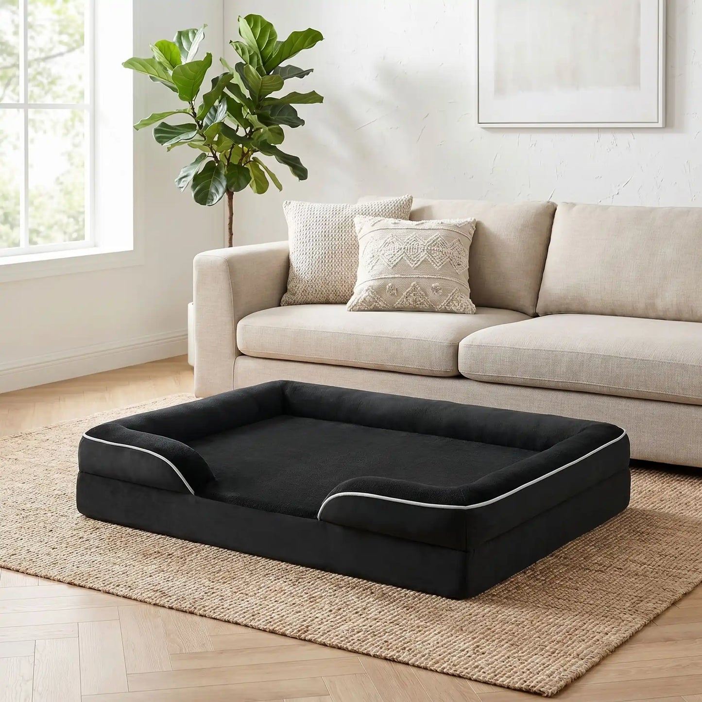 Panier orthopédique pour chien et chiot de petite à grande taille déhoussable et lavable, imperméable et antidérapant avec haut rebord rembourré avec matelas à mémoire de forme, housse en peluche douce et tissu résistant et imperméable, en 4 tailles M, L, XL et XXL pour chiot et chien de 0 à 45 kilos maximum-gros plansur le panier rectangulaire pour chiot et chien de petite, moyenne et grande taille avec fermeture éclair solide pour la housse en velours déhoussable de couleur noir avec rebords rembourrés