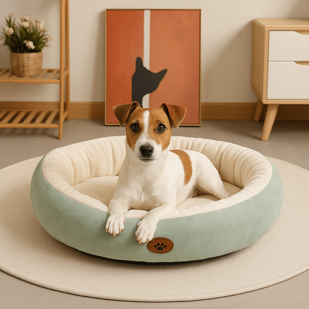 Panier-pour-chien-lavable en machine-anti-stress-rembourrage 100% coton haute densité-avec rebord entourant-antidérapant-douillet chaud et sécurisant pour petit à chien de moyenne taille-moelleux-chaud-en-peluche-résistant aux griffes-un petit chien assis confortablement sur le ventre contre l'arrondi rembourré en coton dans son lit ovale de couleur vert dans le salon de l'appartement