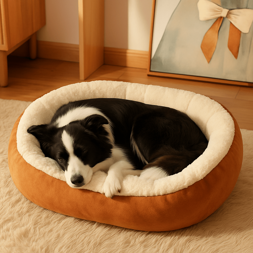 Panier-pour-chien-lavable en machine-anti-stress-rembourrage 100% coton haute densité-avec rebord entourant-antidérapant-douillet chaud et sécurisant pour petit à chien de moyenne taille-moelleux-chaud-en-peluche-résistant aux griffes-un chien moyen qui dort paisiblement sur le ventre contre l'arrondi rembourré en coton dans son lit ovale de couleur marron dans le salon de la maison
