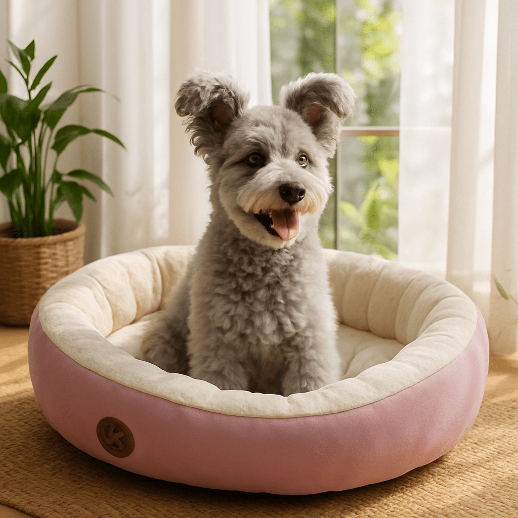 Panier-pour-chien-lavable en machine-anti-stress-rembourrage 100% coton haute densité-avec rebord entourant-antidérapant-douillet chaud et sécurisant pour petit à chien de moyenne taille-moelleux-chaud-en-peluche-résistant aux griffes-un petit chien à poils épais assis confortablement sur le ventre contre l'arrondi rembourré en coton dans son lit ovale de couleur rose dans le salon de l'appartement