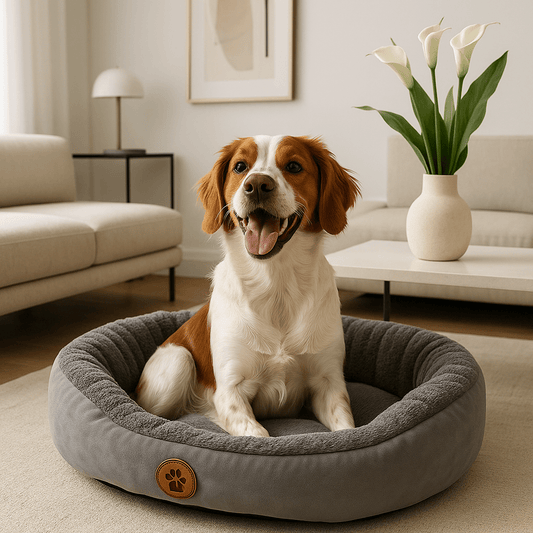 Panier-pour-chien-lavable en machine-anti-stress-rembourrage 100% coton haute densité-avec rebord entourant-antidérapant-douillet chaud et sécurisant pour petit à chien de moyenne taille-moelleux-chaud-en-peluche-résistant aux griffes-un chien moyen assis et heureux dans son lit ovale de couleur gris dans le salon de la maison